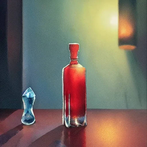 On the table stands a small crystal glass with light-red liqueur. Faceted sides, a delicate stem for the glass, watercolor pen by brad mesina, product lighting, style Anton Fadeev, thomas kinkade, greg rutkowski, Water Color, product lighting