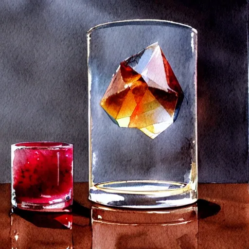 On the table stands a small crystal glass with light-red liqueur. Faceted sides, a delicate stem for the glass, watercolor pen by brad mesina, product lighting, style Anton Fadeev, thomas kinkade, greg rutkowski, Water Color, product lighting