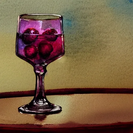 On the table stands a small crystal glass with raspberry liqueur, watercolor pen by brad mesina, product lighting, style Anton Fadeev, thomas kinkade, greg rutkowski, Water Color