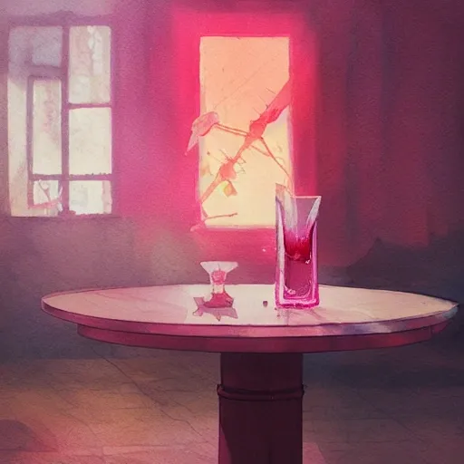 On the table there is a shot glass filled with pink liquid. Centered composition, watercolor, warm colors, by greg rutkowski, iridescent accents, ray tracing, product lighting, sharp, smooth, masterpiece