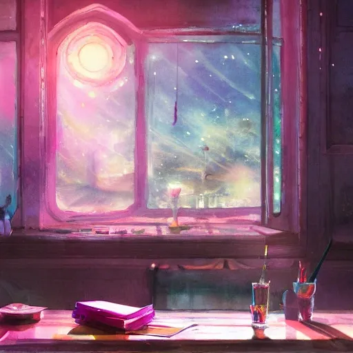 On the table there is a shot glass filled with pink liquid. Centered composition, watercolor pen by brad mesina, product lighting, style Anton Fadeev, thomas kinkade, greg rutkowski, Water Color