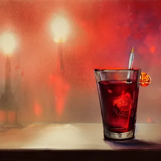 On the table there is a shot glass filled with red liquid. Centered composition, watercolor pen by brad mesina, product lighting, style Anton Fadeev, thomas kinkade, greg rutkowski, Water Color