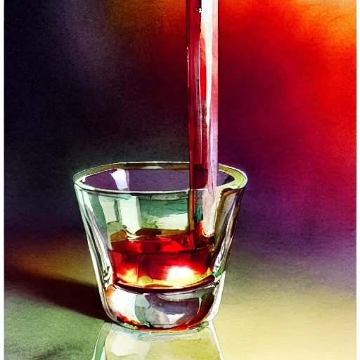 On the table stands a small crystal glass with light-red liqueur. Faceted sides, a delicate stem for the glass, watercolor pen by brad mesina, product lighting, style Anton Fadeev, thomas kinkade, greg rutkowski, Water Color, product lighting