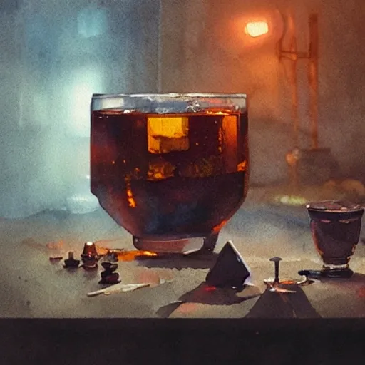 On the table there is a shot glass filled with liquor. Centered composition, watercolor, warm colors, by greg rutkowski, iridescent accents, ray tracing, product lighting, sharp, smooth, masterpiece