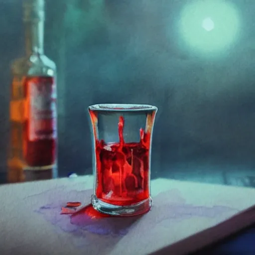 On the table there is a shot glass filled with red liquor. Centered composition, watercolor pen by brad mesina, product lighting, style Anton Fadeev, thomas kinkade, greg rutkowski, Water Color