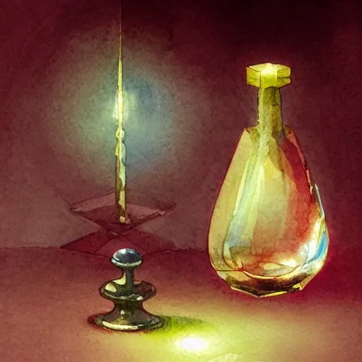 On the table stands a small crystal glass with light-red liqueur. Faceted sides, a delicate stem for the glass, watercolor pen by brad mesina, product lighting, style Anton Fadeev, thomas kinkade, greg rutkowski, Water Color, product lighting