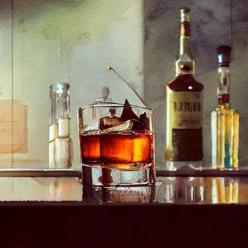 On the table there is a shot glass filled with liquor. Centered composition, watercolor, warm colors, by greg rutkowski, iridescent accents, ray tracing, product lighting, sharp, smooth, masterpiece