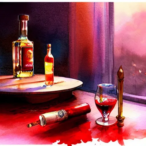 On the table there is a shot glass filled with red liquor. Centered composition, watercolor pen by brad mesina, product lighting, style Anton Fadeev, thomas kinkade, greg rutkowski, Water Color