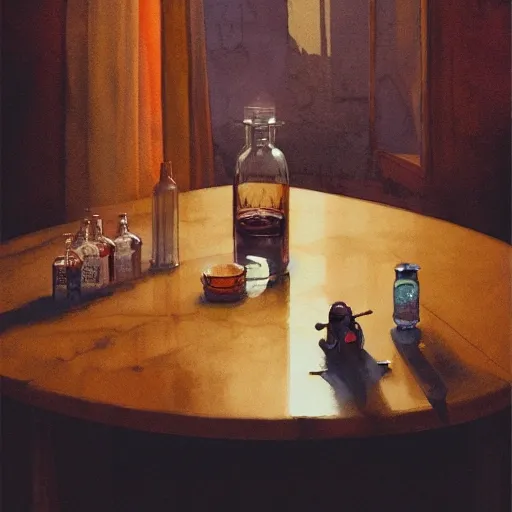 On the table there is a shot glass filled with liquor. Centered composition, watercolor, warm colors, by greg rutkowski, iridescent accents, ray tracing, product lighting, sharp, smooth, masterpiece