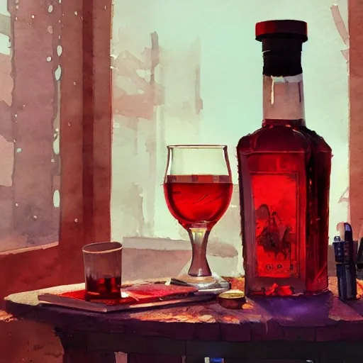 On the table there is a shot glass filled with red liquor. Centered composition, watercolor pen by brad mesina, product lighting, style Anton Fadeev, thomas kinkade, greg rutkowski, Water Color