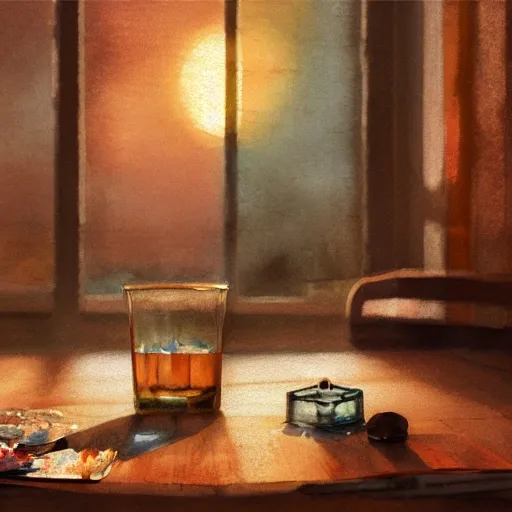 On the table there is a shot glass filled with liquor. Centered composition, watercolor, warm colors, by greg rutkowski, iridescent accents, ray tracing, product lighting, sharp, smooth, masterpiece