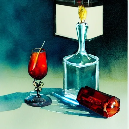 On the table stands a small crystal glass with light-red liqueur. Faceted sides, a delicate stem for the glass, watercolor pen by brad mesina, product lighting, style Anton Fadeev, thomas kinkade, greg rutkowski, Water Color, product lighting