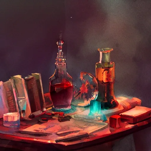 On the table there is a shot glass filled with red liquor. Centered composition, watercolor pen by brad mesina, product lighting, style Anton Fadeev, thomas kinkade, greg rutkowski, Water Color