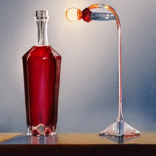 On the table stands a small crystal glass with light-red liqueur. Faceted sides, a delicate stem for the glass, watercolor pen by brad mesina, product lighting, style Anton Fadeev, thomas kinkade, greg rutkowski, Water Color, product lighting