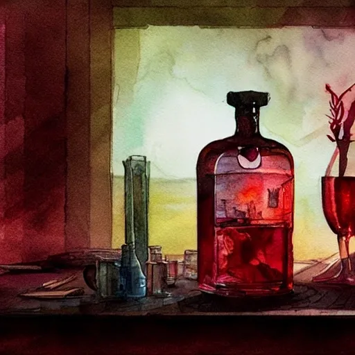 On the table there is a shot glass filled with red liquor. Centered composition, watercolor pen by brad mesina, product lighting, style Anton Fadeev, thomas kinkade, greg rutkowski, Water Color