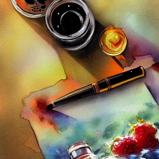 There is a shot glass on the table filled with raspbery liquor watercolor pen by brad mesina, product lighting, style Anton Fadeev, thomas kinkade, greg rutkowski, Water Color, product lighting