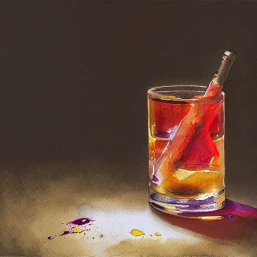 a shot glass with raspbery liquor, watercolor, warm colors, by greg rutkowski, iridescent accents, ray tracing, product lighting, sharp, smooth, masterpiece