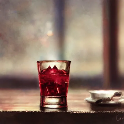 shot glass with a raspberry liquor, on the table, in a cozy pub, watercolor, warm colors, by greg rutkowski, iridescent accents, ray tracing, product lighting, sharp, smooth, masterpiece