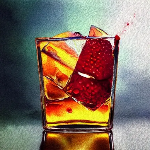 a shot glass with raspbery liquor, watercolor, warm colors, by greg rutkowski, iridescent accents, ray tracing, product lighting, sharp, smooth, masterpiece