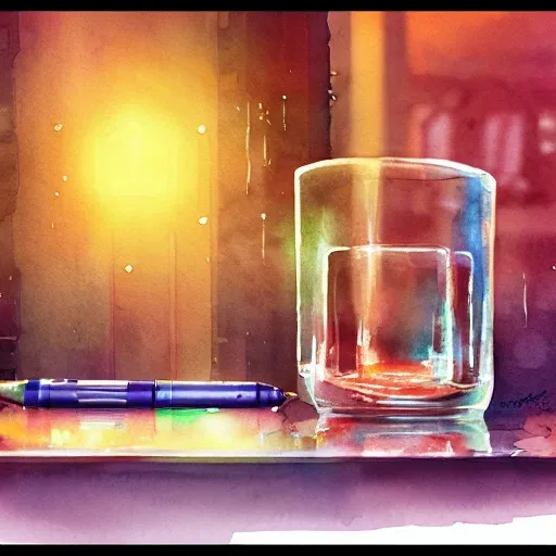 There is a shot glass on the table filled with raspbery liquor watercolor pen by brad mesina, product lighting, style Anton Fadeev, thomas kinkade, greg rutkowski, Water Color, product lighting