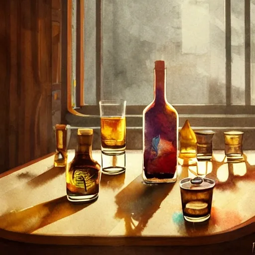 On the table there is a shot glasses filled with liquor. Centered composition, watercolor, warm colors, by greg rutkowski, iridescent accents, ray tracing, product lighting, sharp, smooth, masterpiece