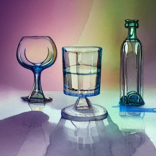 On the table stands a small crystal glasses with light-red liqueur. Faceted sides, a delicate stem for the glass, watercolor pen by brad mesina, product lighting, style Anton Fadeev, thomas kinkade, greg rutkowski, Water Color, product lighting