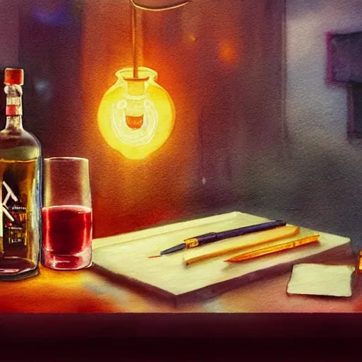 On the table there is a shot glass filled with red liquor. Centered composition, watercolor pen by brad mesina, product lighting, style Anton Fadeev, thomas kinkade, greg rutkowski, Water Color, product lighting