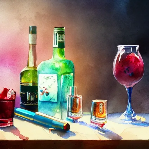 There is a shot glass on the table filled with raspbery liquor watercolor pen by brad mesina, product lighting, style Anton Fadeev, thomas kinkade, greg rutkowski, Water Color, product lighting