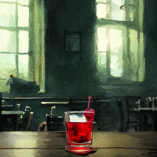 shot glass with a raspberry liquor, on the table, in a cozy pub, watercolor, warm colors, by greg rutkowski, iridescent accents, ray tracing, product lighting, sharp, smooth, masterpiece