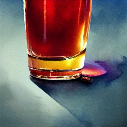 a shot glass with raspbery liquor, watercolor, warm colors, by greg rutkowski, iridescent accents, ray tracing, product lighting, sharp, smooth, masterpiece