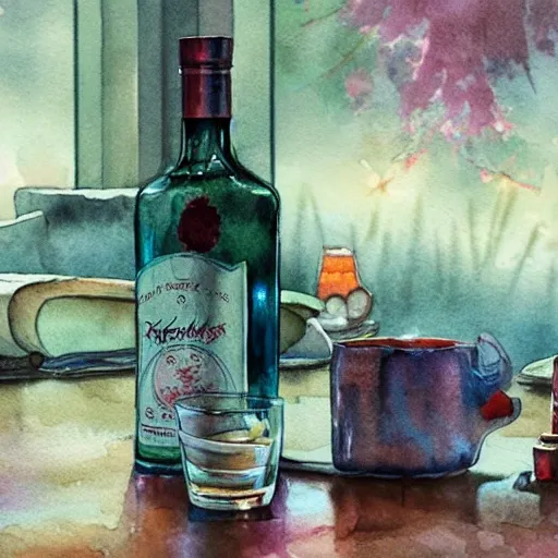 There is a shot glass on the table filled with raspbery liquor, watercolor pen by brad mesina, product lighting, style Anton Fadeev, thomas kinkade, greg rutkowski, Water Color, product lighting