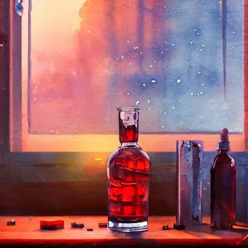 On the table there is a shot glass filled with red liquor. Centered composition, watercolor, product lighting, style brad mesina, Anton Fadeev, thomas kinkade, greg rutkowski, Water Color, product lighting