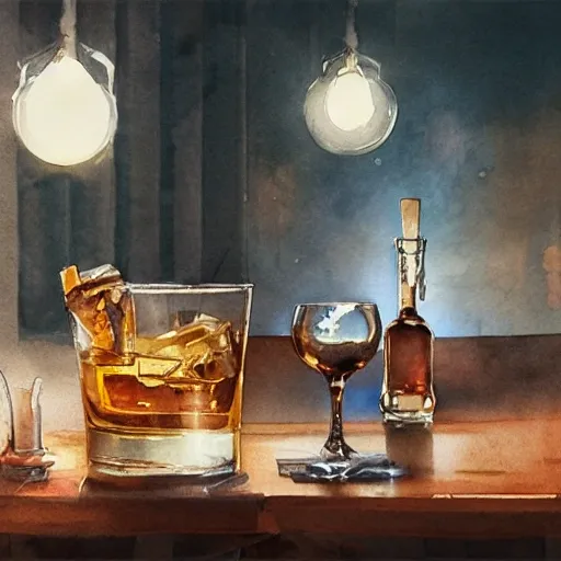 On the table there is a shot glasses filled with liquor. Centered composition, watercolor, warm colors, by greg rutkowski, iridescent accents, ray tracing, product lighting, sharp, smooth, masterpiece