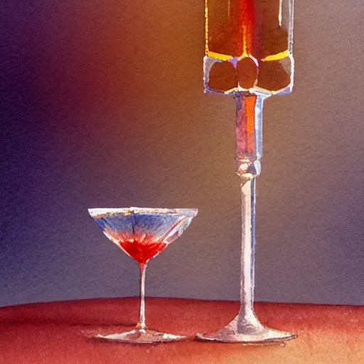 On the table stands a small crystal glasses with light-red liqueur. Faceted sides, a delicate stem for the glass, watercolor pen by brad mesina, product lighting, style Anton Fadeev, thomas kinkade, greg rutkowski, Water Color, product lighting