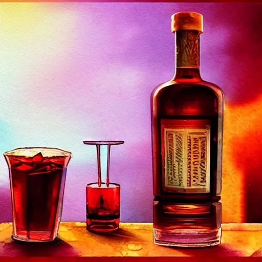 On the table there is a shot glass filled with red liquor. Centered composition, watercolor, product lighting, style brad mesina, Anton Fadeev, thomas kinkade, greg rutkowski, Water Color, product lighting