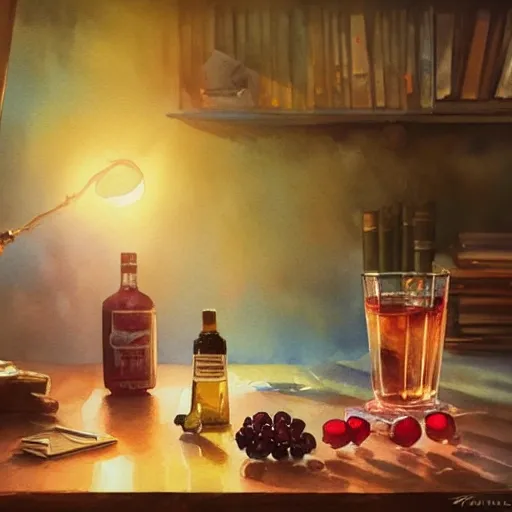 There is a shot glass on the table filled with raspbery liquor, watercolor pen by brad mesina, product lighting, style Anton Fadeev, thomas kinkade, greg rutkowski, Water Color, product lighting