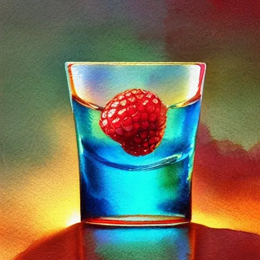 a shot glass with raspbery liquor, watercolor, warm colors, by greg rutkowski, iridescent accents, ray tracing, product lighting, sharp, smooth, masterpiece