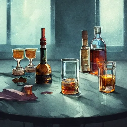 On the table there is a shot glasses filled with liquor. Centered composition, watercolor, warm colors, by greg rutkowski, iridescent accents, ray tracing, product lighting, sharp, smooth, masterpiece