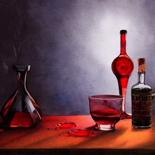 On the table there is a shot glass filled with red liquor. Centered composition, watercolor, product lighting, style brad mesina, Anton Fadeev, thomas kinkade, greg rutkowski, Water Color, product lighting