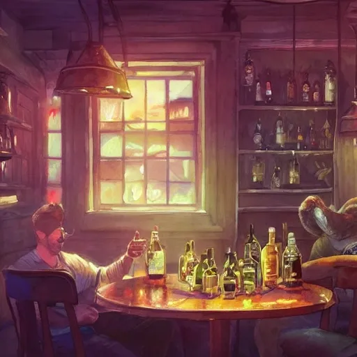 There is a shot glass on the table filled with raspbery liquor, in the cozy pub, watercolor pen by brad mesina, product lighting, style Anton Fadeev, thomas kinkade, greg rutkowski, Water Color, product lighting