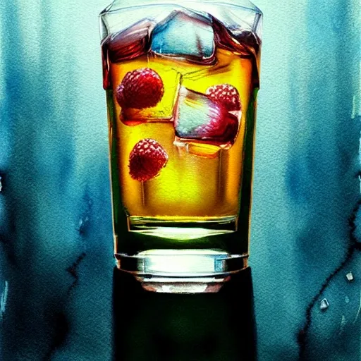 a shot glass with raspbery liquor, watercolor, warm colors, by greg rutkowski, iridescent accents, ray tracing, product lighting, sharp, smooth, masterpiece