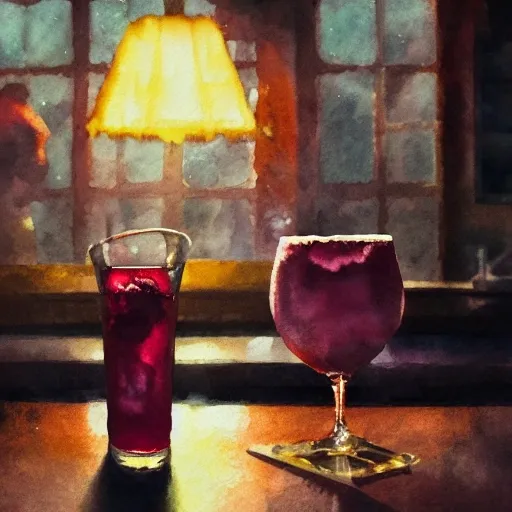 shot glass with a raspberry liquor, on the table, in a cozy pub, watercolor, warm colors, by greg rutkowski, iridescent accents, ray tracing, product lighting, sharp, smooth, masterpiece