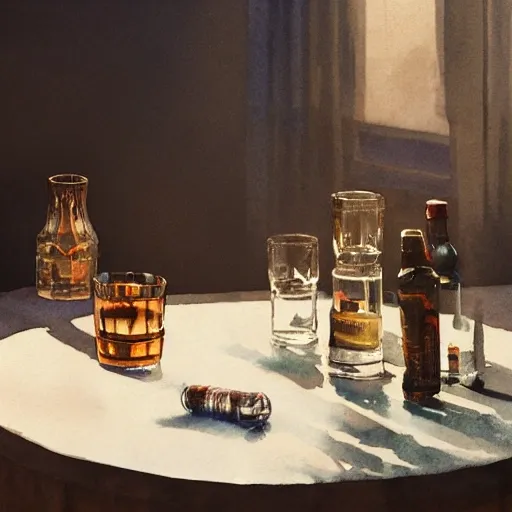 On the table there is a shot glasses filled with liquor. Centered composition, watercolor, warm colors, by greg rutkowski, iridescent accents, ray tracing, product lighting, sharp, smooth, masterpiece