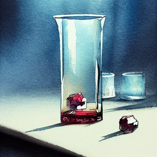 On the table stands a small crystal glasses with light-red liqueur. Faceted sides, a delicate stem for the glass, watercolor pen by brad mesina, product lighting, style Anton Fadeev, thomas kinkade, greg rutkowski, Water Color, product lighting