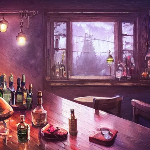 There is a shot glass on the table filled with raspbery liquor, in the cozy pub, watercolor pen by brad mesina, product lighting, style Anton Fadeev, thomas kinkade, greg rutkowski, Water Color, product lighting