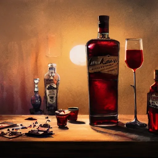 On the table there is a shot glass filled with red liquor. Centered composition, watercolor, product lighting, style brad mesina, Anton Fadeev, thomas kinkade, greg rutkowski, Water Color, product lighting