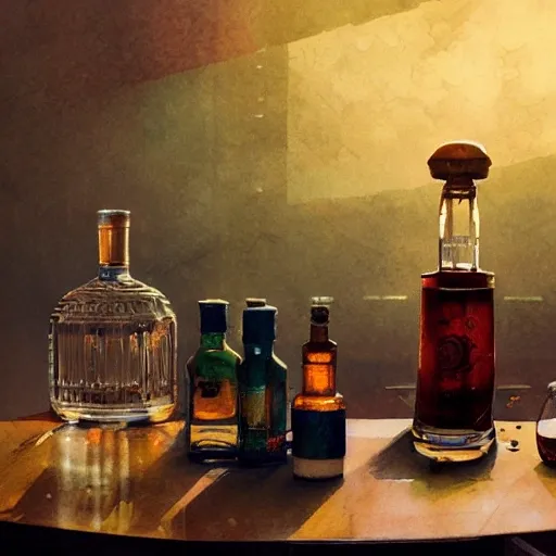 On the table there is a shot glasses filled with liquor. Centered composition, watercolor, warm colors, by greg rutkowski, iridescent accents, ray tracing, product lighting, sharp, smooth, masterpiece