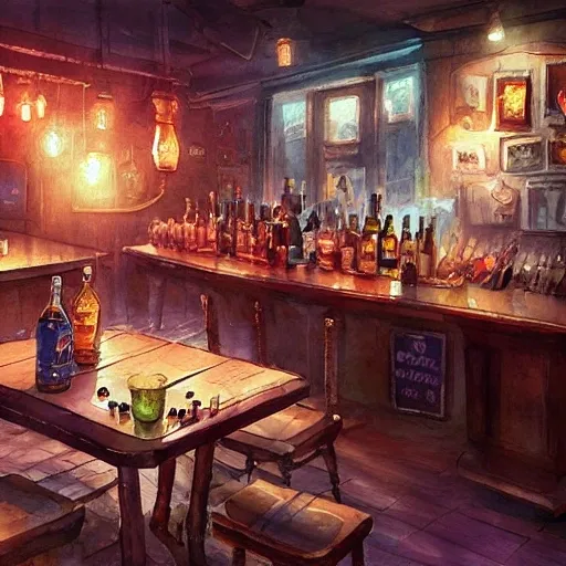 There is a shot glass on the table filled with raspbery liquor, in the cozy pub, watercolor pen by brad mesina, product lighting, style Anton Fadeev, thomas kinkade, greg rutkowski, Water Color, product lighting