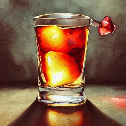 a shot glass with raspbery liquor, watercolor, warm colors, by greg rutkowski, iridescent accents, ray tracing, product lighting, sharp, smooth, masterpiece