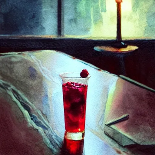 shot glass with a raspberry liquor, on the table, in a cozy pub, watercolor, warm colors, by greg rutkowski, iridescent accents, ray tracing, product lighting, sharp, smooth, masterpiece